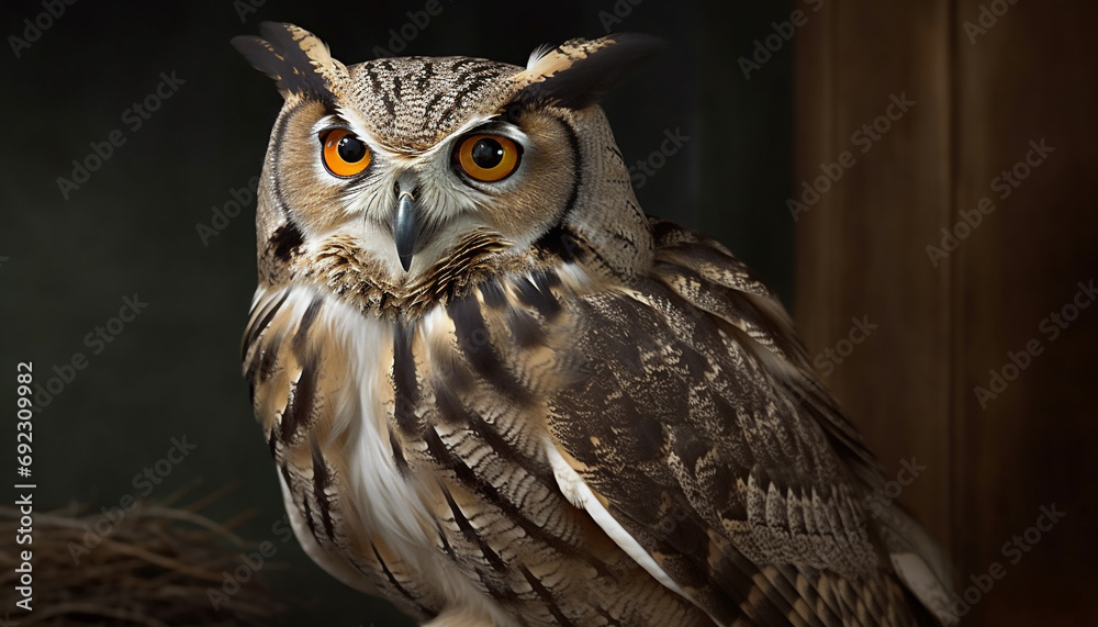 Sticker Great horned owl perching on branch, staring with piercing eye generated by AI