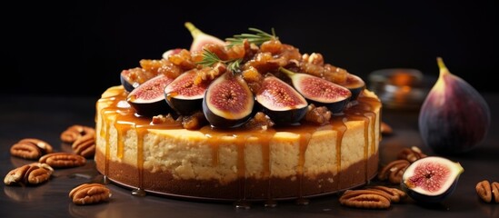 Autumn cheesecake featuring figs, pecans, and maple syrup.