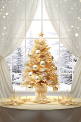 christmas table setting with champagne Beautiful Christmas interior with a decorated Christmas tree, candles, and gifts
