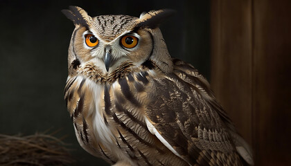 Obraz premium Great horned owl perching on branch, staring with piercing eye generated by AI