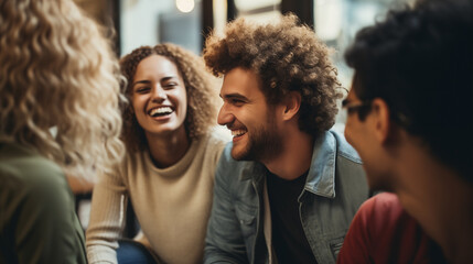 Happy people meeting, conversing, and laughing joyfully. Generative AI.