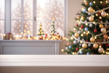 abstract warm living room decoration with a blurred background containing ropes, Christmas trees and sparkling lights