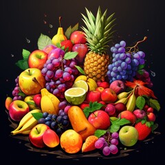 An illustration of vegetables and fruits on a black background