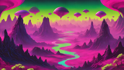 Fototapeta na wymiar Neon purple Magical surreal and dreamy planet with glowing mystery starry