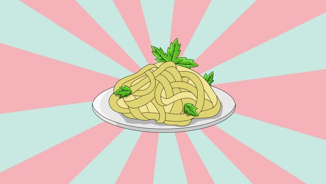 Fettuccine Alfredo pasta icon animation with a rotating background