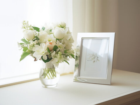 白いテーブルと窓辺に飾るバラの花束とフォトフレーム。思い出や記念日、フラワーギフトイメージ。AI生成画像