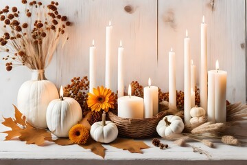 bombs with dry flowers and lit candles in Scandinavian Style. Fall decoration in white beige colors...