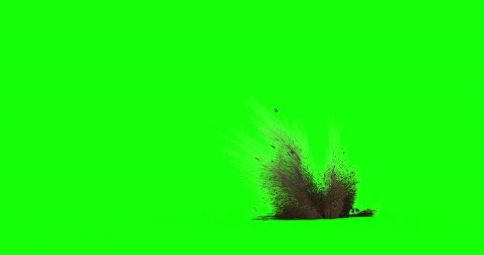 Bullet hit on dirt with chunks and debris flying. Dusty explosion on black background and green screen with alpha channel. Close up. Variations 