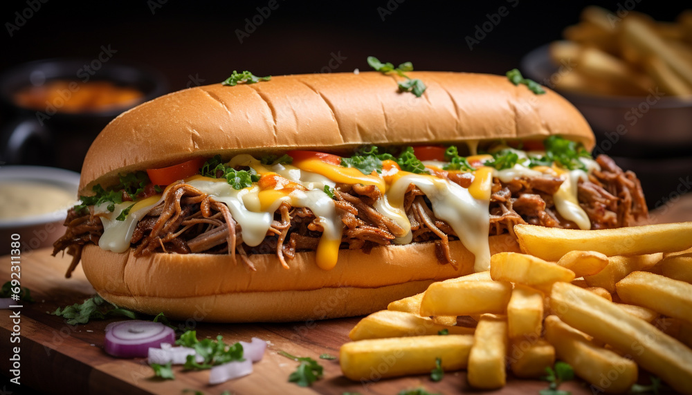 Poster Grilled beef sandwich with fries, ketchup, and onion generated by AI