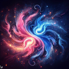 Orange and blue flame. Nebula. Twin flame logo. Esoteric concept of spiritual love. Illustration on black background for web sites and much more - obrazy, fototapety, plakaty