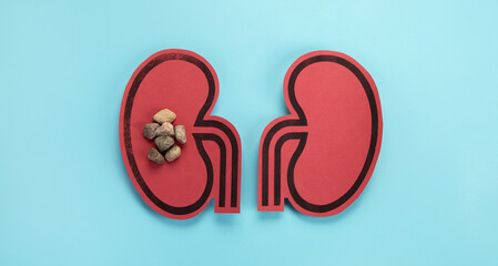 Kidney and differents pills on blue background. Organ diseases and treatment