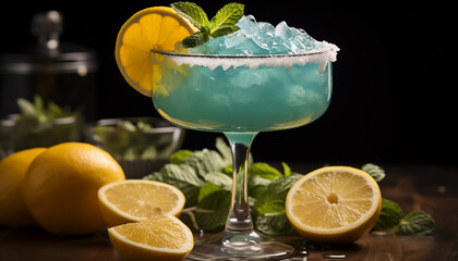 Refreshing lemon cocktail with ice, citrus, and mint leaf generated by AI - obrazy, fototapety, plakaty