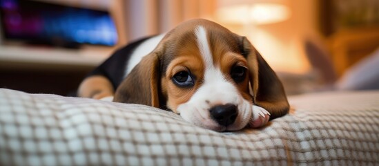 Common illnesses in puppies include sick beagle lying on dog bed at home.