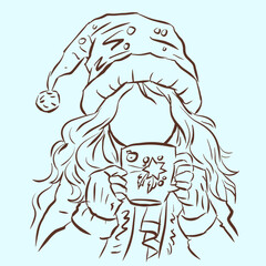 Santa girl with coffee cup vector for card decoration illustration