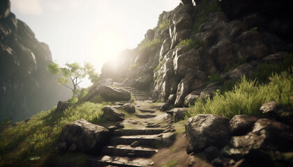 Tranquil mountain footpath leads to stunning cliff overlooking flowing water generated by AI