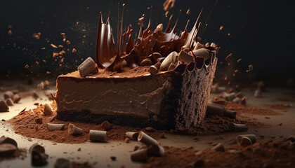Dark chocolate brownie slice, homemade indulgence on wood plate generated by AI