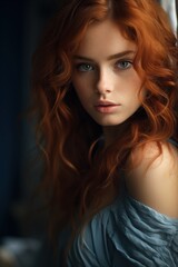Naklejka premium cute girl with red hair pose in a blue dress close up deep neckline