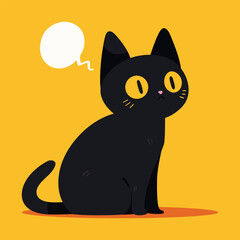 Cute cartoon black cat sitting with blank speech bubble. Copy space for text vector template. Minimalistic, hand drawn flat style animal character. Yellow background. Postcard, website design.