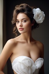 a beautiful bride wearing a white gown and hair pin