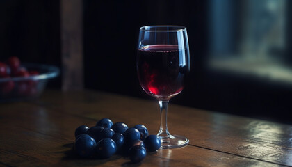 Fresh cabernet sauvignon grape in wineglass, luxury still life celebration generated by AI - obrazy, fototapety, plakaty