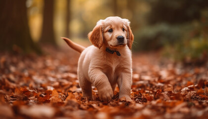 Cute puppy sitting in autumn grass, looking at camera generated by AI