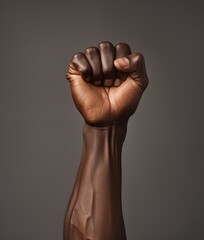 Black person standing with fist raised