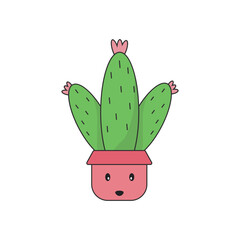 Cute cactus and succulents with cute face. Succulents tropical home plants big collection. Vector illustrations in modern trendy flat cartoon style, isolated on white background.