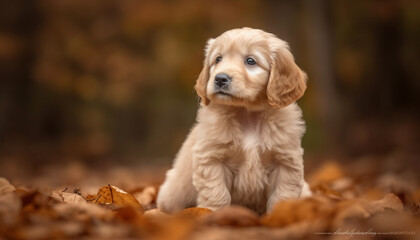 Cute puppy sitting in autumn grass, looking playful and fluffy generated by AI