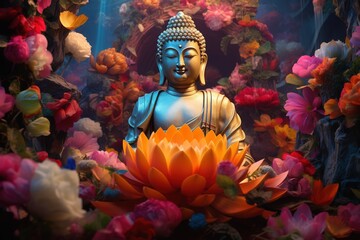 Buddha statue with lotus flower - obrazy, fototapety, plakaty