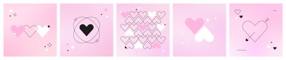 Set of Y2k Valentine's Day cards with outline hearts, stars graphics on pink gradient background. Futuristic love. Minimal romantic holiday designs. Vector illustration with geometric trendy shapes