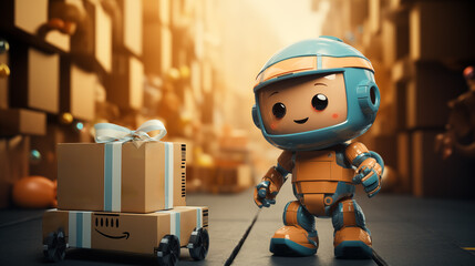 Fototapeta premium A smiling robot is making a delivery behind a package. On the road in the community area 3D digital illustration