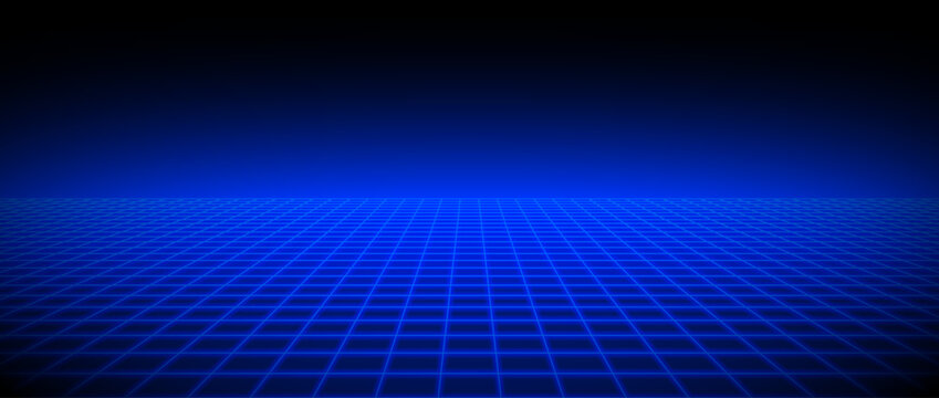 Glowing neon wireframe horizon background. Blue grid room floor in perspective. Bright retro futuristic wallpaper. Abstract checkered plane landscape. Game cyber surface. Vector backdrop