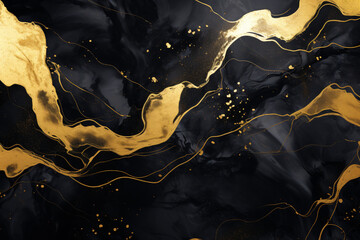 Abstract Gold Liquid Wave on Black Marble Background