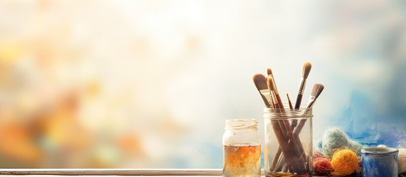 Painting supplies: canvas, palette, brushes, oil paint tube, sunlight through window.
