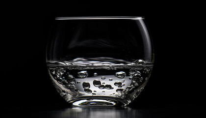 Transparent drinking glass reflects black background, wet with fresh water generated by AI