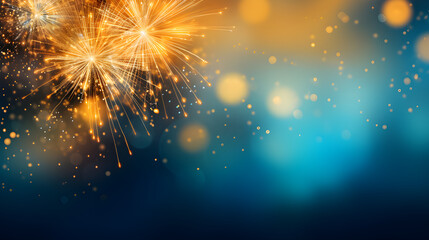 Gold and blue Fireworks and bokeh in New Year eve and copy space. Abstract background holiday, Generative AI illustration