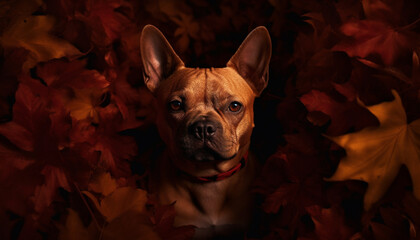 Cute French bulldog puppy sitting on autumn leaf outdoors generated by AI
