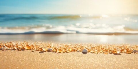 Golden sand meets the tranquil blue sea, creating a summery beach backdrop with sunlights shimmering and creating a defocused effect - obrazy, fototapety, plakaty