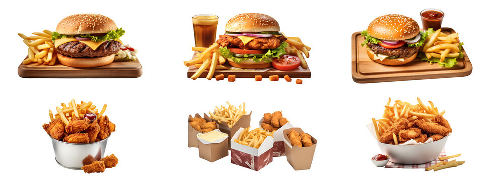 Set of fast food, Hamburger with French fries on wooden plate, bucket holds fried chicken, delivery foods isolated on white transparent background, ai generate