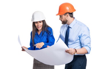 Supervisor engineer with blueprint. Plan construction project. Architect planning work. Chief engineer and architect in hardhat isolated on white. Safety business. Data protection. Solving problem