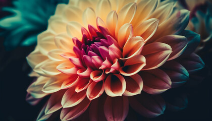 Vibrant dahlia blossom, close up of multi colored petals in nature generated by AI