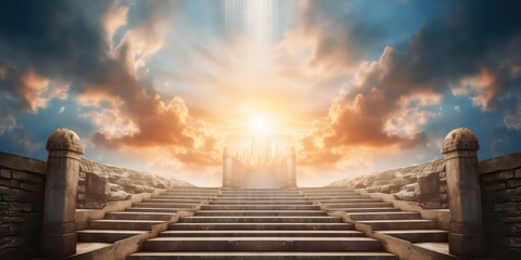Behold a stairway leading up to the sky during sunrise, symbolizing the concept  the entrance to heaven