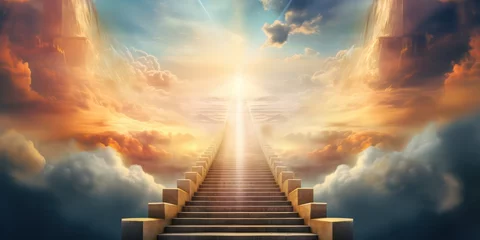 Foto op Canvas Behold a stairway leading up to the sky during sunrise, symbolizing the concept  the entrance to heaven © Nattadesh