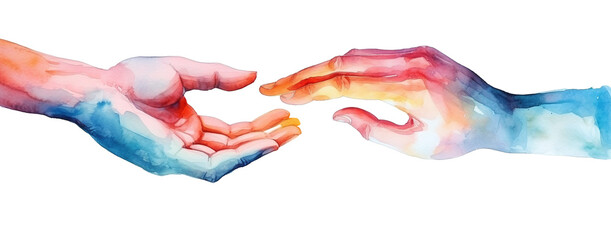 Vibrant Watercolor Art of Helping Hand and Painting of Hands United Concept. A Creative Illustration Symbolizing Unity, Support, Collaboration in Diverse, Human Connection, and Global Communities. - obrazy, fototapety, plakaty