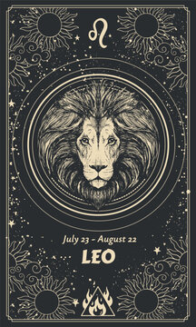 Zodiac sign Leo, vertical card for calendar, astrology print, modern mystical hand drawing on black background, vintage horoscope symbol. Vector esoteric illustration.