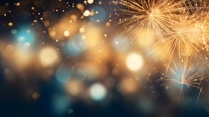 Fototapeta premium Gold and blue Fireworks and bokeh in New Year eve and copy space. Abstract background holiday, Generative AI illustration