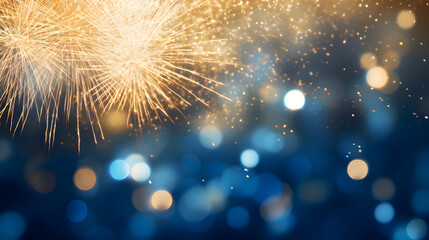Gold and blue Fireworks and bokeh in New Year eve and copy space. Abstract background holiday, Generative AI illustration - obrazy, fototapety, plakaty