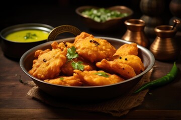 Mungdal bhajiya or yellow split gram fritters served. Chicken Pakora with sauce - obrazy, fototapety, plakaty