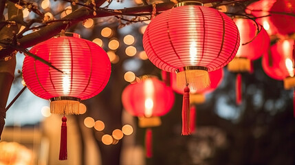 chinese new year lanterns, Many red lanterns hanging from a tree in a room, Perfect for Chinese New Year, Asian restaurant decor, cultural events, or festive atmosphere in interior design.  - obrazy, fototapety, plakaty