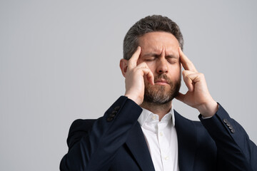 Businessman with stress and burnout. Business man got migraine touch head because of pain. Headache...